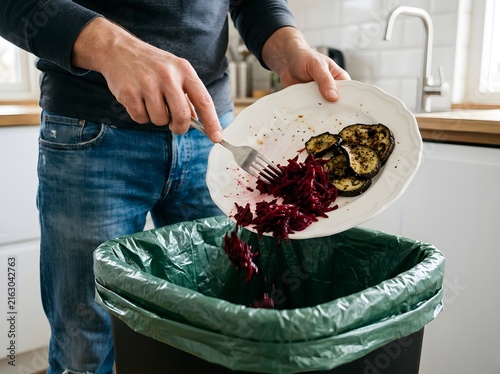 Man scraping leftover food from a plate into a compost bin in the kitchen with scraping, leftovers