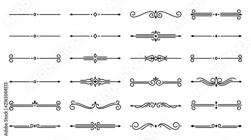 Vintage decorative dividers set, 24 black calligraphic line ornaments, elegant filigree border elements for wedding invitations and book design