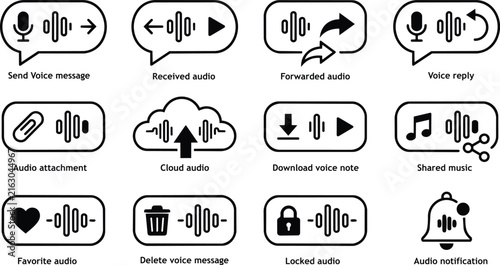 Voice message and audio chat functional icon set with sound wave bubbles for messenger app user interface vector.