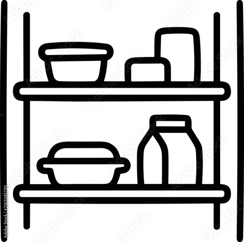 Kitchen Pantry Shelves with Food Containers and Jars - Line Art Icon