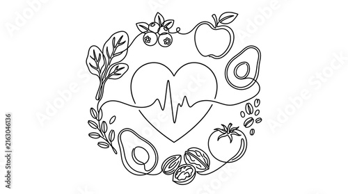 Healthy heart and nutrition line art concept.