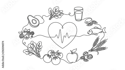 Healthy eating and lifestyle concept with heart rate line drawing.
