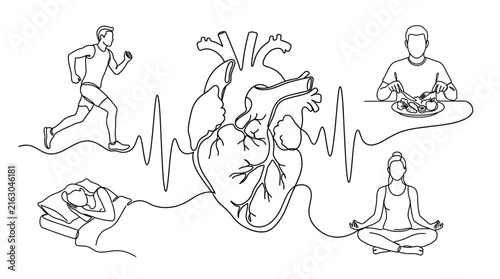 Healthy Lifestyle Habits Infographic Continuous Line Drawing Concept.