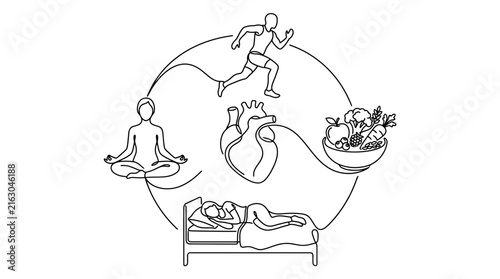 Continuous line drawing of healthy lifestyle habits and human heart.
