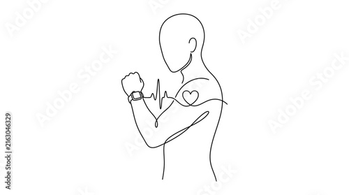 Continuous one line drawing of a person checking their heart rate on a smart watch.