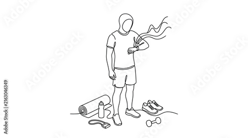 Continuous line drawing of a man checking his fitness watch during a workout.