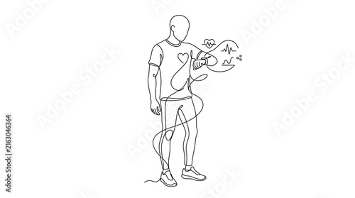 Continuous one line drawing of a man checking his heart rate on a smartwatch.