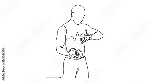 Continuous one line drawing of a muscular man checking his fitness tracker while holding a dumbbell.