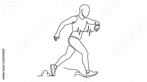 Continuous line drawing of a runner checking heart rate on a smartwatch.