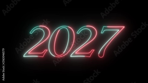 Neon glowing year 2027 text animation with blue and red light lines against a black background glow number futuristic technology dark