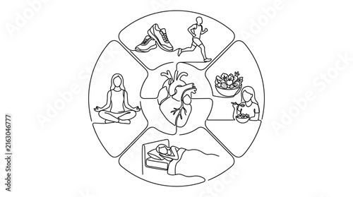 Healthy lifestyle concept with human heart and daily habits illustration.