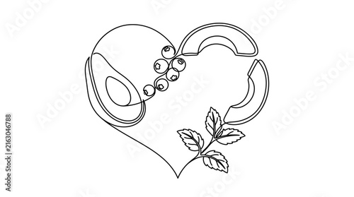 Continuous line art illustration of a heart shape made of avocado slices berries and mint leaves.