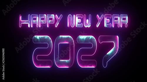 Happy new year 2027 text animation with glowing purple and turquoise liquid smoke inside neon letter outlines