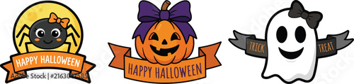 Cute Halloween ribbon badge set with baby spider, smiling pumpkin with bow, and ghost character vector illustration.
