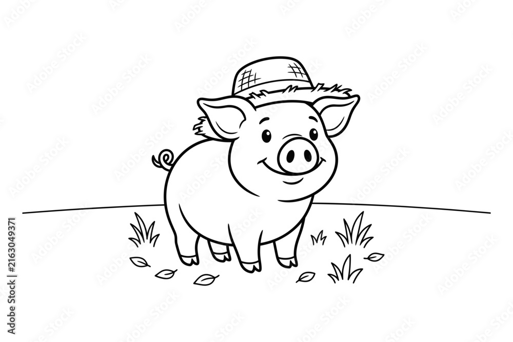 Fototapeta premium Line drawing of a pig wearing a straw hat on black background