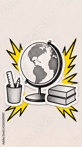Pop Art Halftone Globe with Books and School Supplies, Global Education and Learning Concept in Torn Paper Collage Style, Vertical bg
