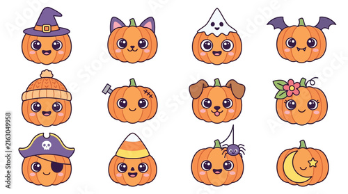 Cute Halloween Pumpkin Characters with Accessories.