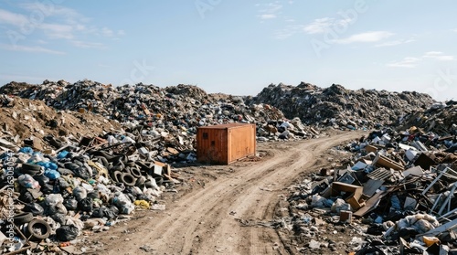 Large landfill site with trash piles and shipping container