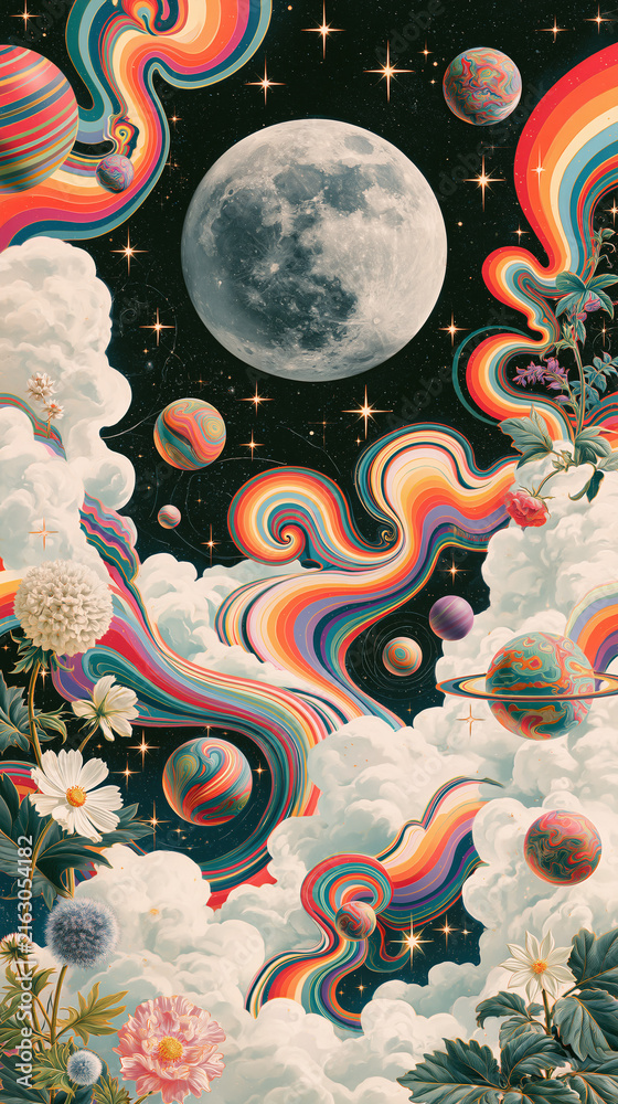 Fototapeta premium A surreal fantasy landscape features a large moon and colorful planets floating among vibrant rainbow clouds and blooming flowers in a dreamlike cosmic night sky