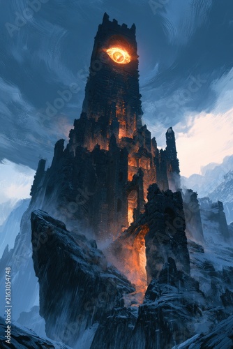 Fiery eye atop a ruined dark fortress on a jagged cliff under a stormy sky