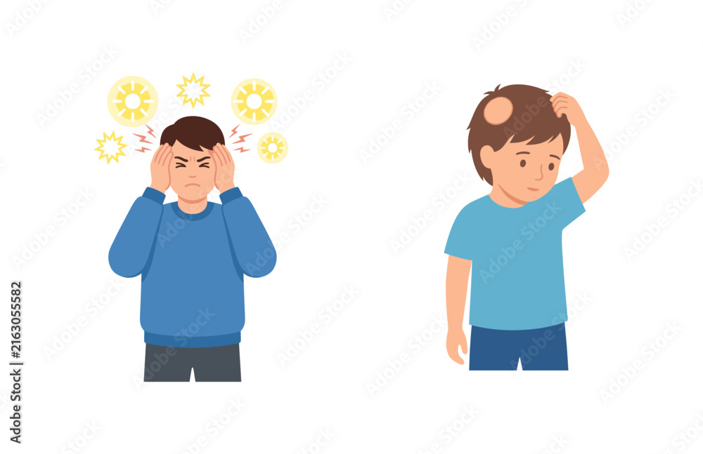 Fototapeta premium Illustration set of a stressed and confused boy depicting mental health and frustration