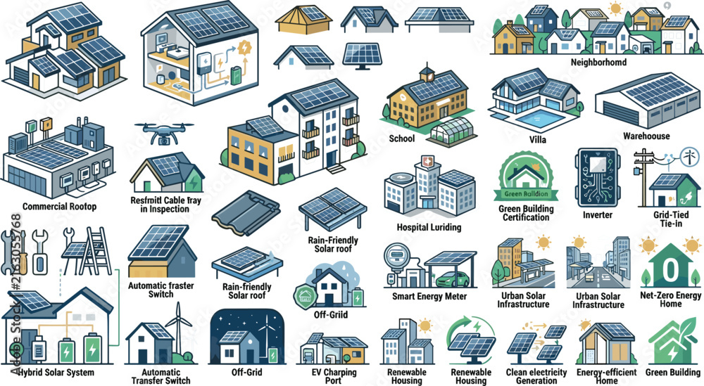 Fototapeta premium Modern Solar Energy Infrastructure Isometric Icon Set Featuring Residential Rooftop Systems, Smart Grid Components, Green Buildings, EV Charging, and Renewable Power Solutions