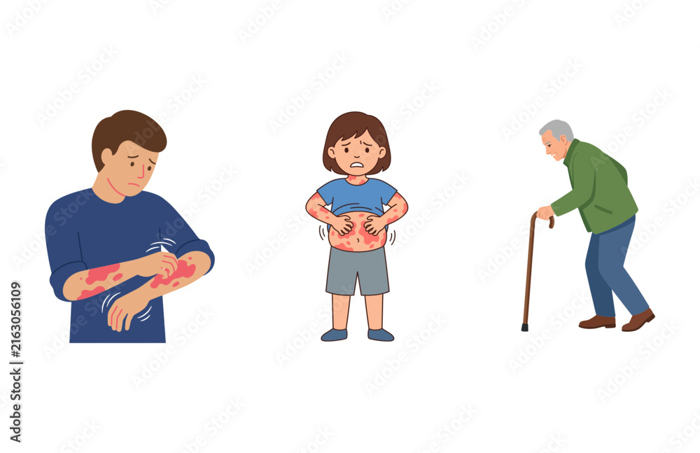 Fototapeta premium People of different ages suffering from skin irritation and rashes illustration set