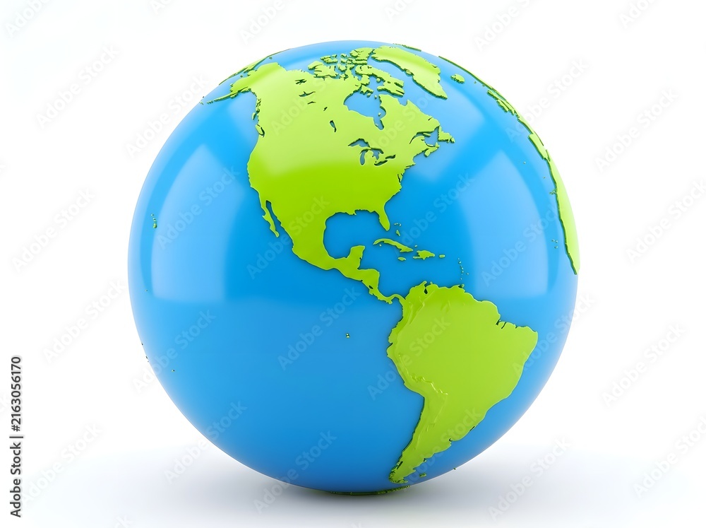 Fototapeta premium Vibrant 3D Rendered Globe Showcasing Americas with Luminous Blue Oceans and Verdant Landmasses in Striking Illuminated Composition