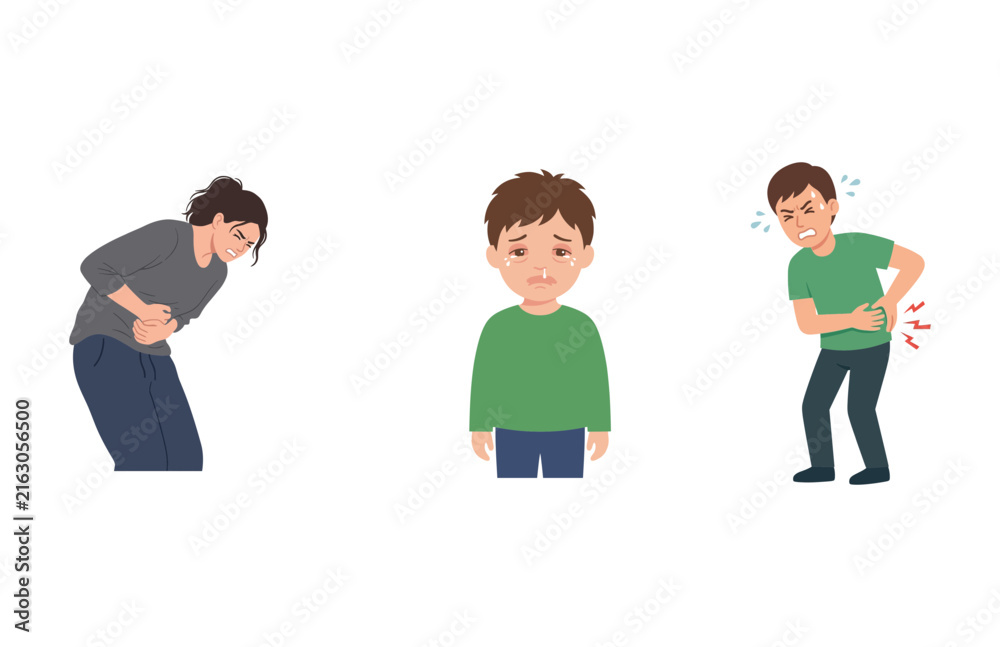 Fototapeta premium Diverse People Experiencing Physical Discomfort and Abdominal Pain Symptoms Set