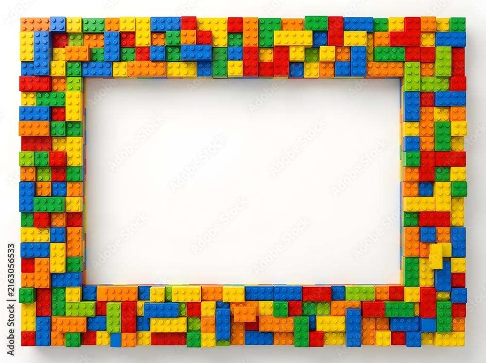 Naklejka premium Vibrant LEGO Block Art Frame Showcasing Empty Canvas Space with Playful Multicolored Construction Border Design