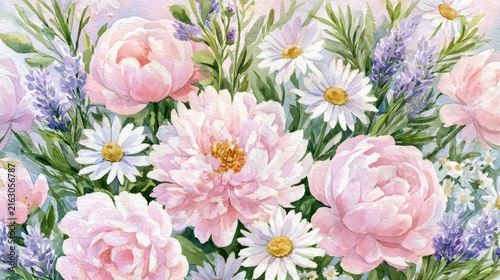 Gentle Garden Watercolor Illustration: Lavender, Roses, and Greenery in Soft Hues