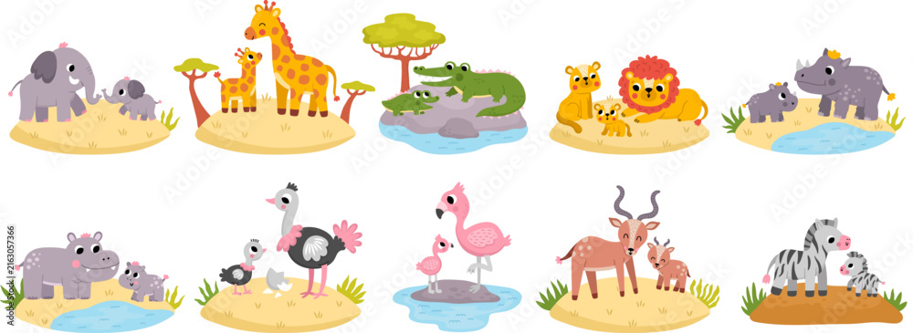 Naklejka premium Vector African animal scenes set. Savanna collection with elephant, lion, zebra, giraffe, hippo, rhino, crocodile, antelope, and babies. Cute safari mother and baby illustration with grass background