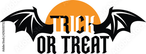 A stylized Halloween graphic featuring the bold text Trick Or Treat overlaid on a bright orange moon with black bat wings