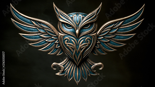 Ornate Metallic Owl Emblem With Spread Wings