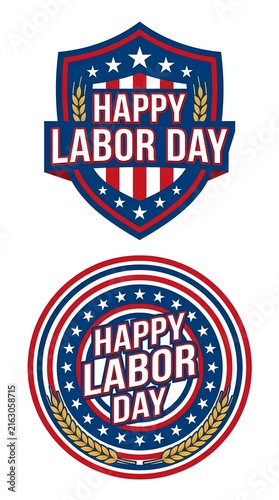 Patriotic Labor Day badges and emblems with stars, stripes, and laurel wreaths.