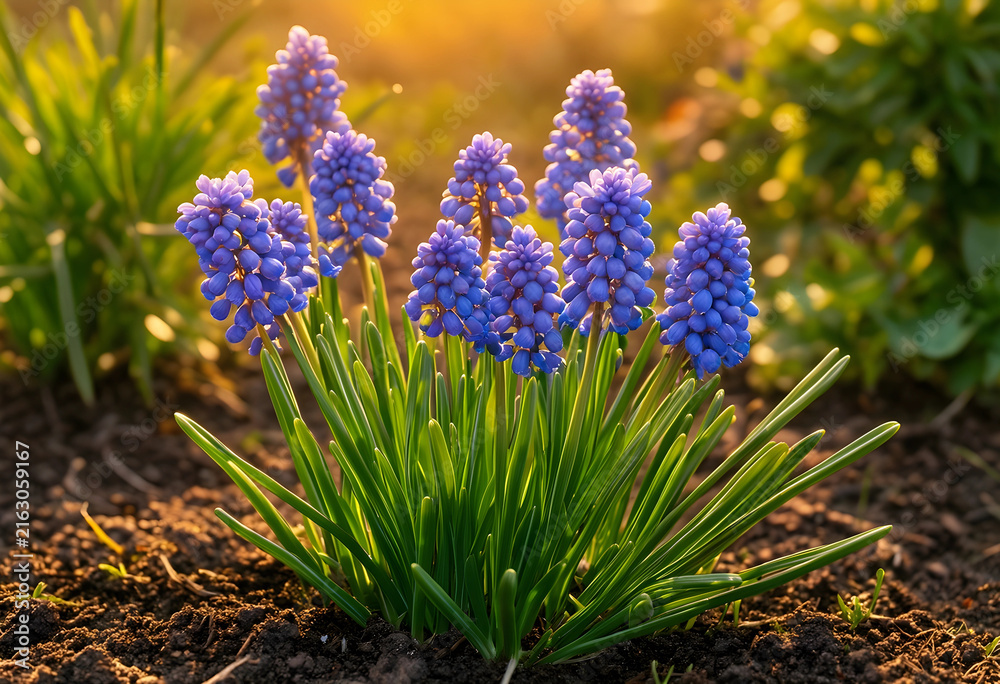 Fototapeta premium Spring garden awakening and growth, vibrant blue muscari flowers blooming in rich soil with warm sunlight