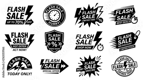 Black and white flash sale labels.
