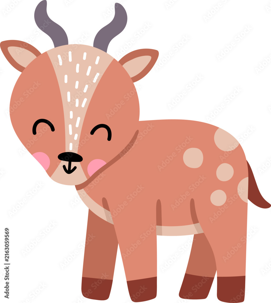 Fototapeta premium Vector cartoon baby antelope isolated on white background. Funny African or safari little animal clipart. Cute savannah gazelle child icon for kids. Flat savanna element. Africa wildlife illustration