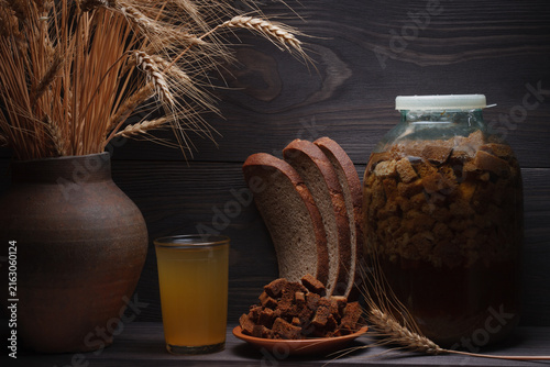 Homemade natural rye bread kvass. Rustic still life