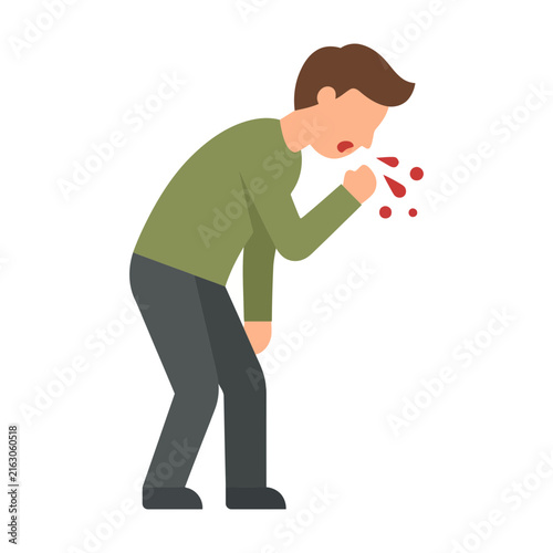 Flat vector illustration of a sick man coughing and covering his mouth with hand isolated on white background