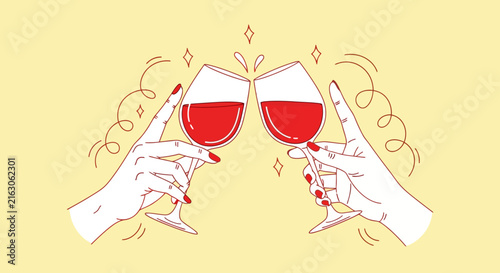 Bild auf Leinwand Minimalist line art of hands clinking red wine glasses