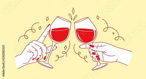 фотографія Minimalist line art wine toast, hands clinking red wine glasses vector, celebrat