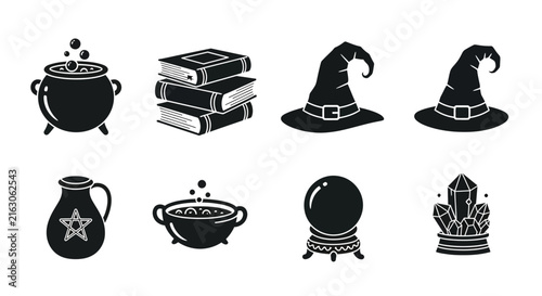 Foto Witchcraft magic icons set, mystical occult symbols vector, black silhouette wiz