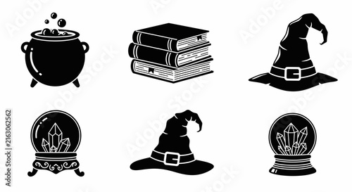 Photography Witchcraft magic icon set, black silhouette occult symbols, 6 mystical vector el