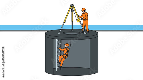 Confined space entry vector, industrial safety tripod rescue, worker in manhole with harness