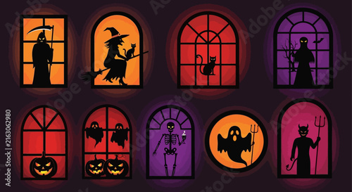 Fotografía Halloween silhouette window icons, spooky character silhouettes in glowing frame