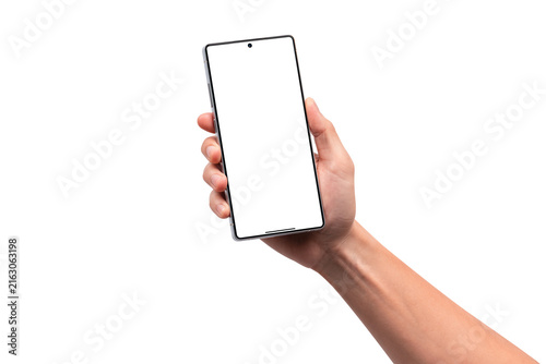 Close up of a hand holding a high-end Android smartphone with a blank screen for copy space, isolated on a transparent background. Concept for business, finance, technology and modern advertisement.