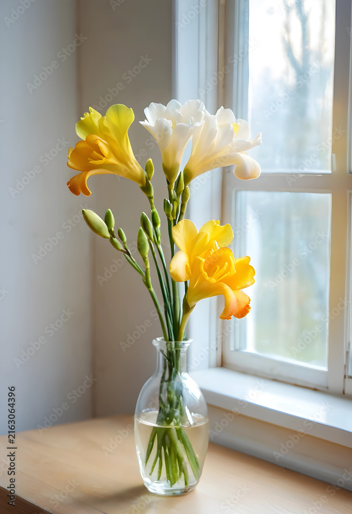 Naklejka premium Spring floral arrangement with yellow and white freesia flowers in a glass vase by a window, natural light