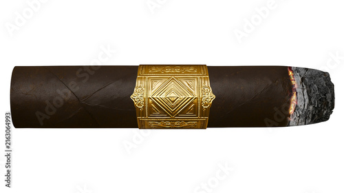 Canvas Print Burning dark brown cigar with ornate gold band