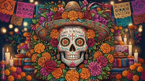 A vibrant and detailed illustration depicts a sombrero adorned with a sugar skull, surrounded by a profusion of colorful marigolds and paper flowers.